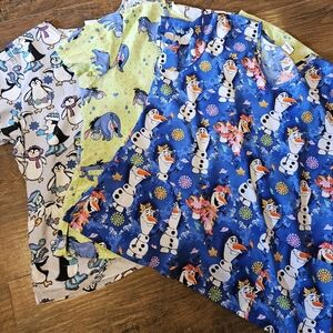 3 Scrub Tops Sz XL Disney, Frozen, Eyore, Penguins.     #C